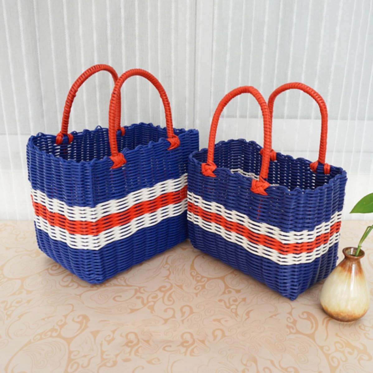 Handwoven Plastic Storage Basket with Handle for Fruits and Vegetables