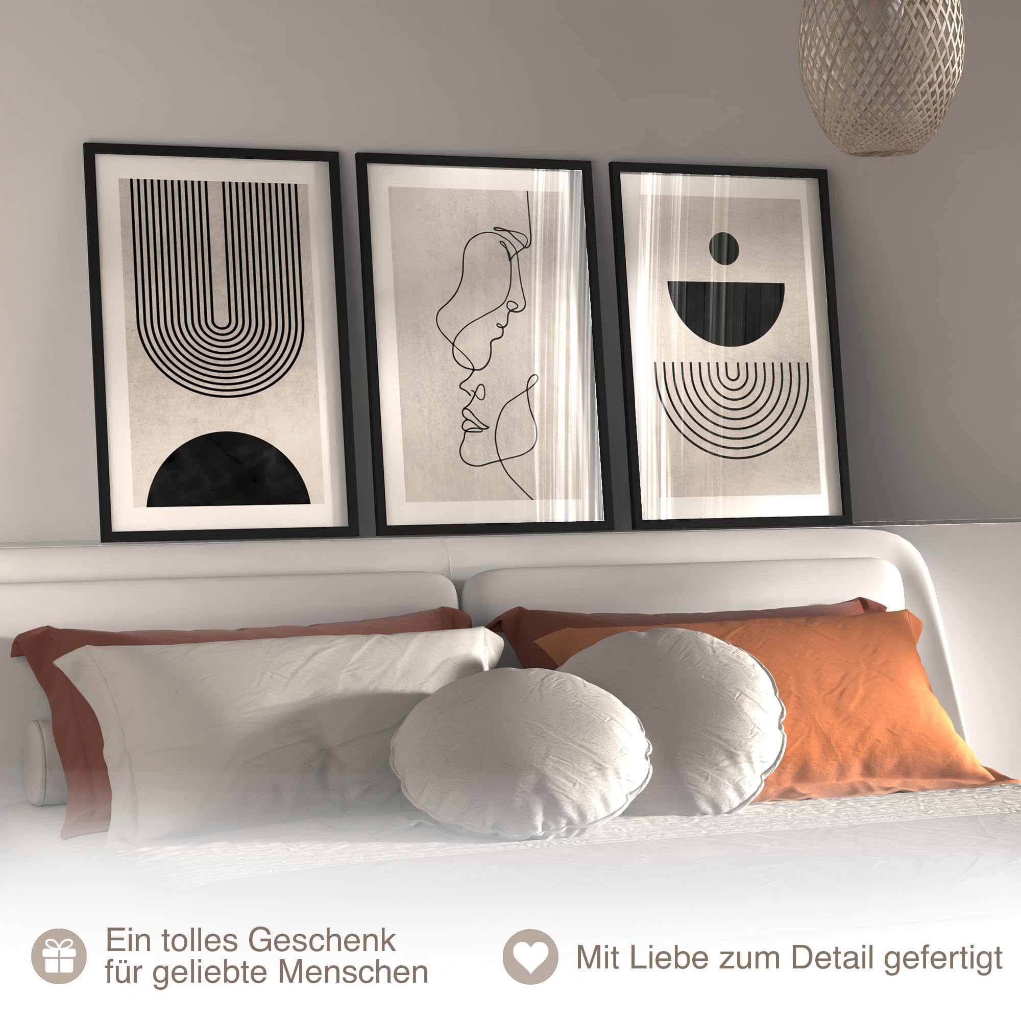 Novart Wandbilder mit Rahmen Linien - Wohnzimmer Schlafzimmer Büro Wanddeko - 3 Bilder Set 128x60 cm Schwarz - N133336aR2