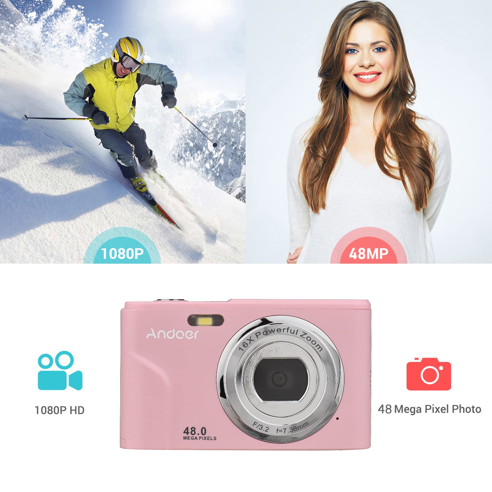 Andoer Aparat cyfrowy z autofokusem, 48 MP, 1080p, 2,4", aparat cyfrowy z 2 bateriami, pasek na rękę, torba do przenoszenia, dla dzieci, młodzieży, początkujących, studentów, różowy