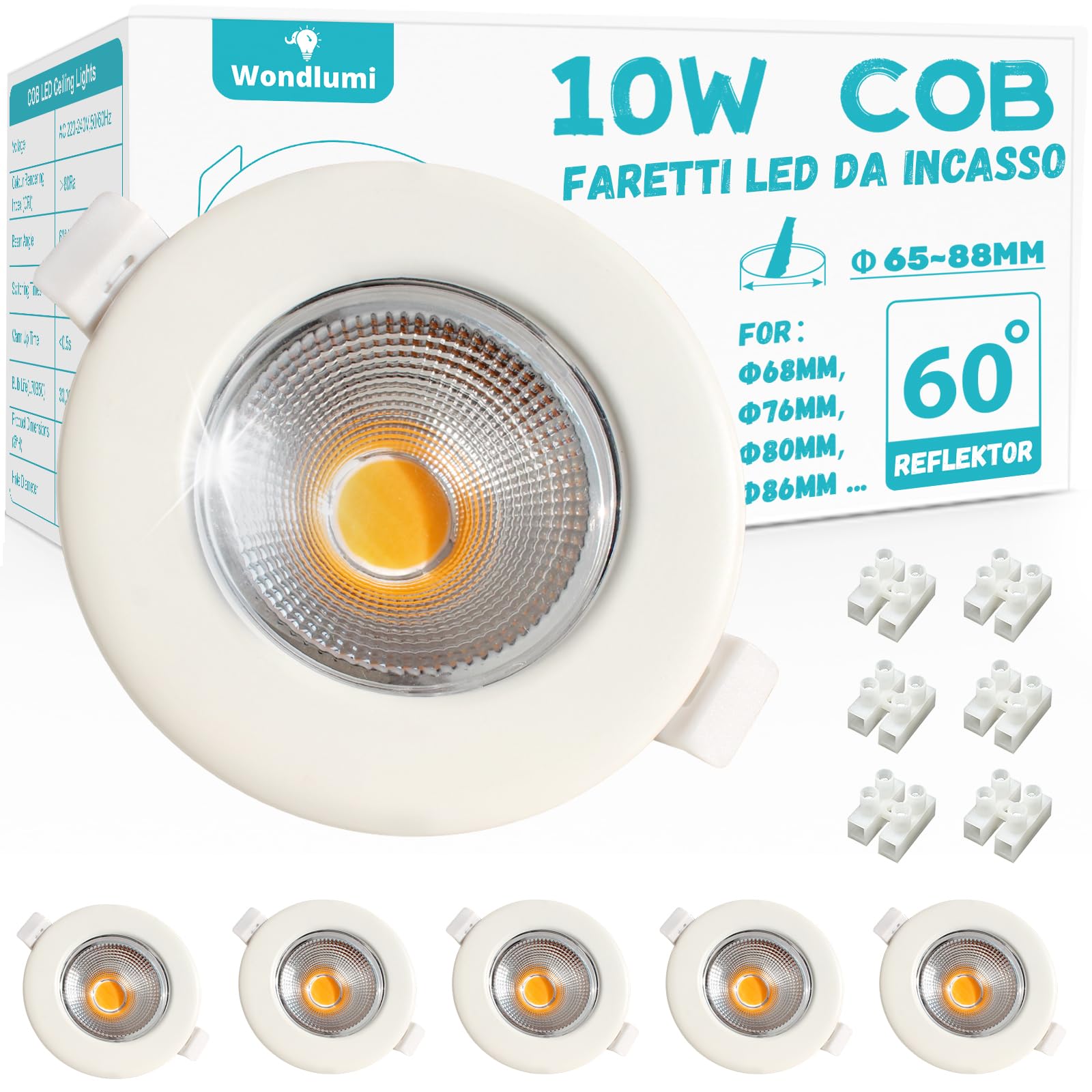 6x 10W Faretti LED da Incasso per Cartongesso,850LM Foro 65-85mm Luce Calda 3000K per Cucina,Interno,Faretti Led Soffitto COB 220V Equivalenti a 100W