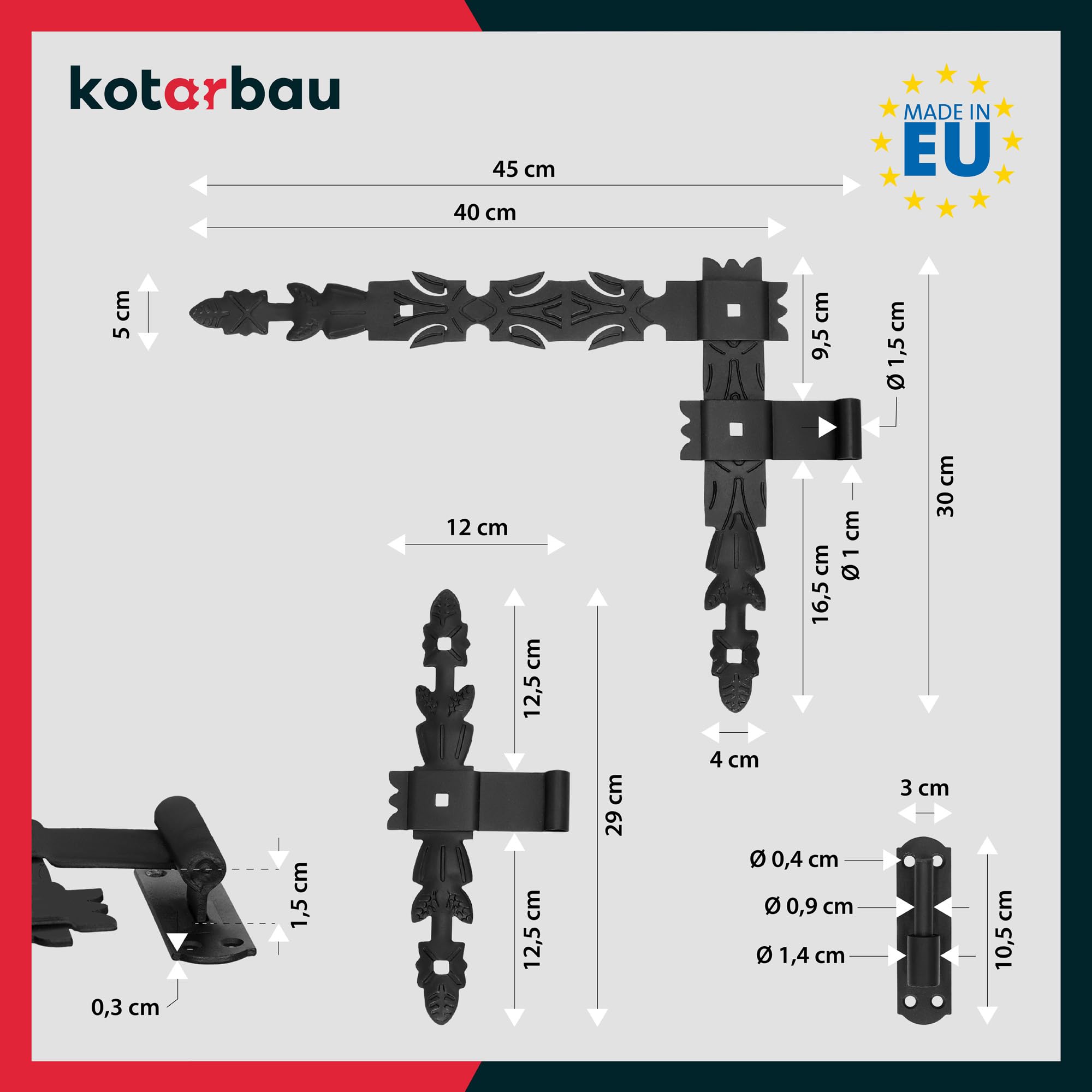 KOTARBAU® Nastro angolare forgiato, 400 x 300 x 40 mm, nero, in acciaio verniciato a polvere, con ganci, per porte in legno, gancio a croce, nero, porta in legno, nero