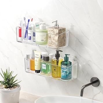 PAVSTINE 2 Pcs Clear Shower Shelf, Large Bathroom Wall Mounted Shower Caddy | No Drill Self Adhesive Bathroom Organizer with Self Adhesive Tape