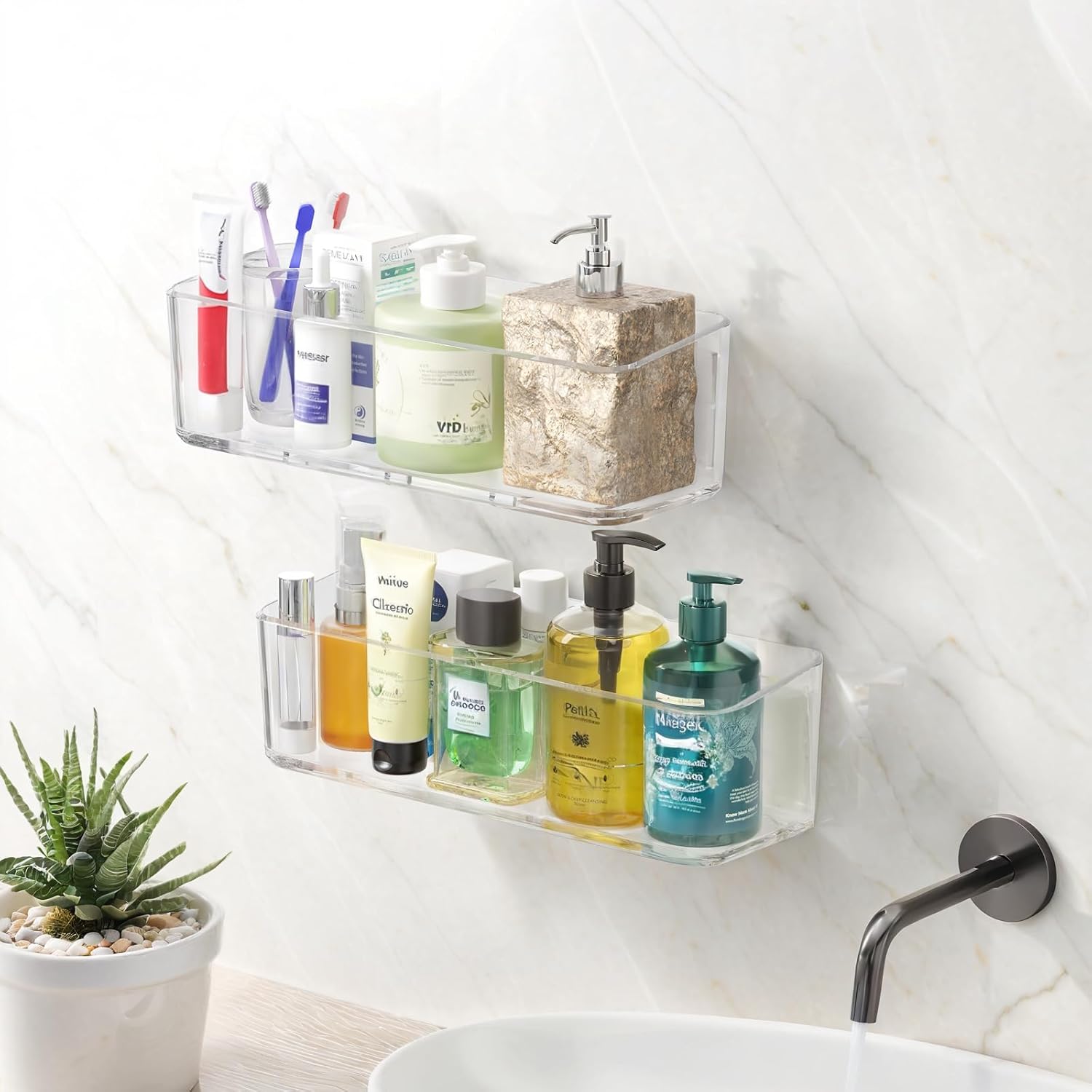 PAVSTINE 2 Pcs Clear Shower Shelf Large Bathroom Wall Mounted Shower Caddy No Drill Self Adhesive Bathroom Organizer