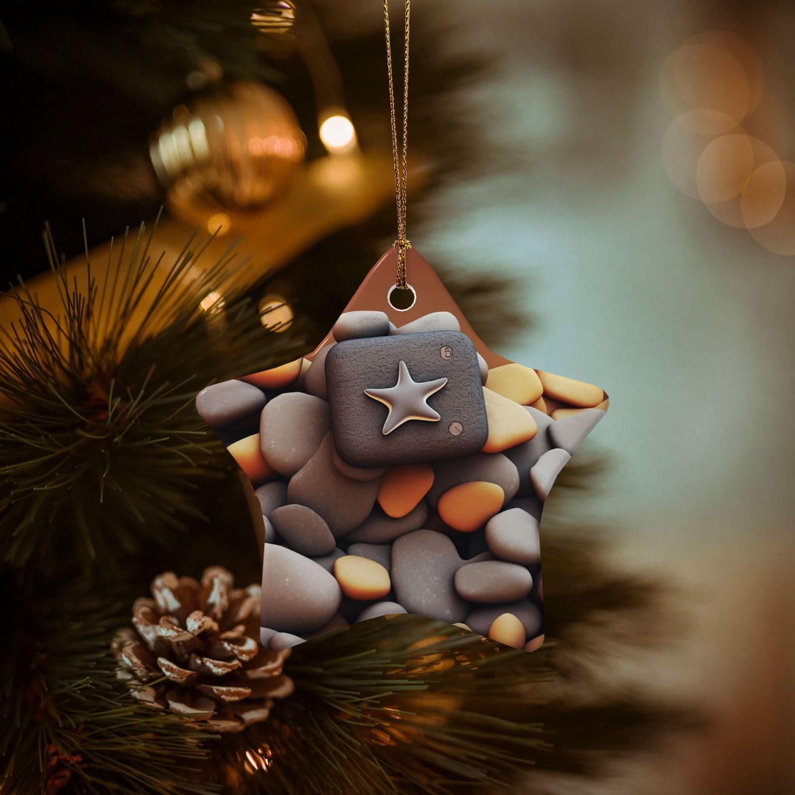 Christmas Tree Ornaments Ceramics Christmas Decorations Pebble Ornaments with Gold Ribbon Porcelain Xmas Tree Crafts Star Shape Hanging Pendant for Christmas Tree Party Decor