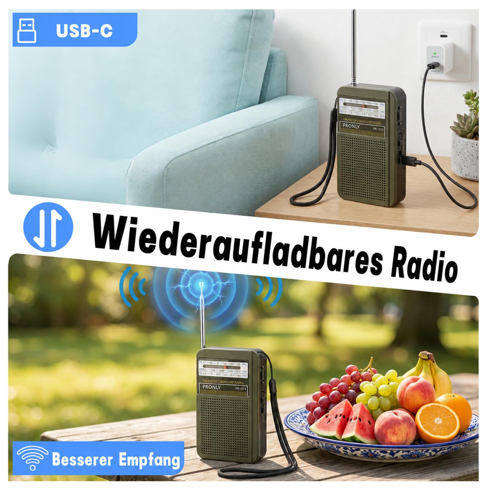 Portable AM FM Radio, Mini Radio Batteriebetrieben mit Integriertem Lautsprecher, Kopfhöreranschluss, USB-C-Ladung, Transistorradio für Zuhause, Reisen und Camping, Grau (PR-1013)