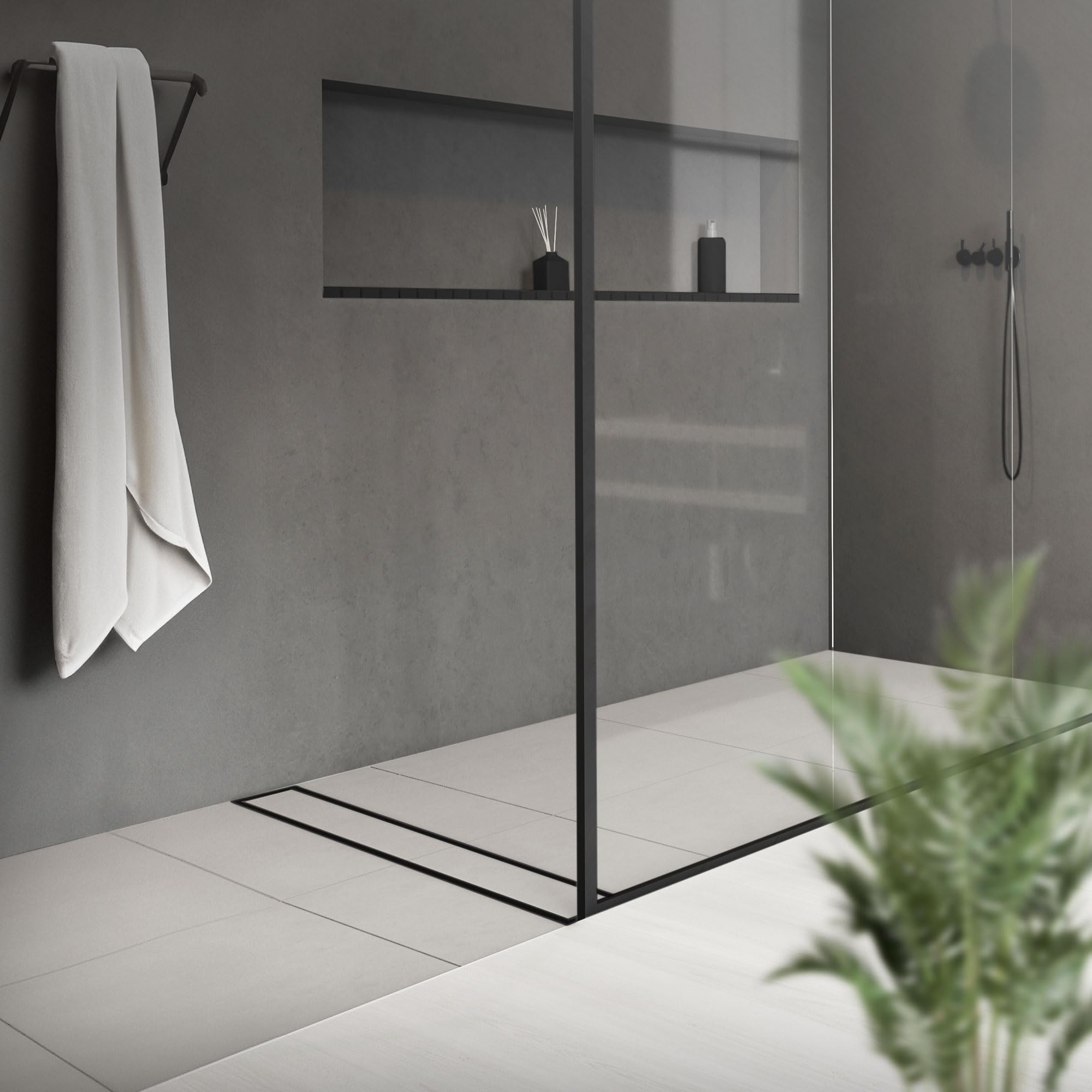 LuxeBath odplyw liniowy 80 cm 2w1, do montazu w plytkach, bardzo plaski, stal nierdzewna, czarny, dwustronny odplyw podlogowy, kompletny zestaw do montazu w podlodze, odplyw liniowy, syfon z blokada