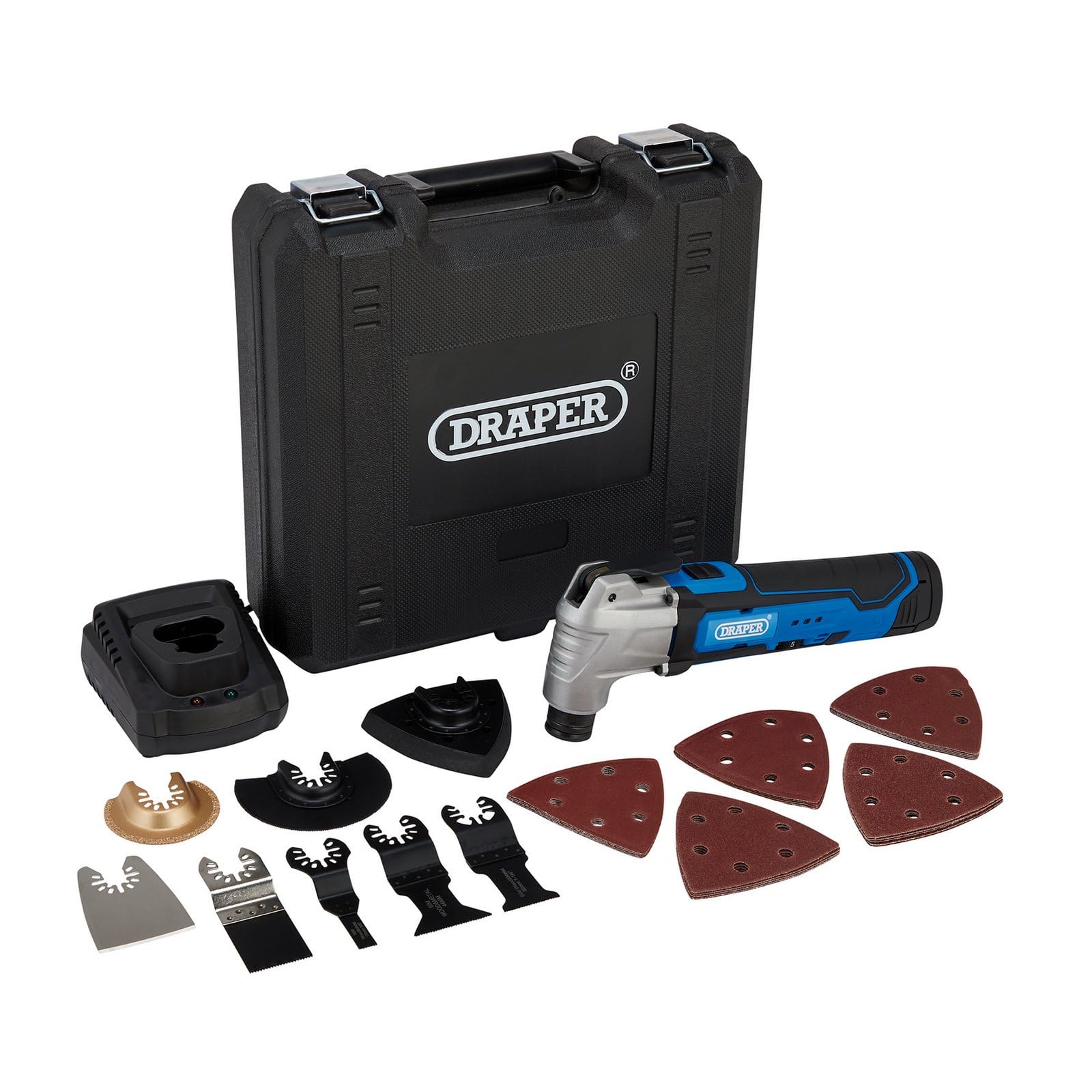 Draper Multi Coloured 19392 12V Oscillating Multi-Tool (33 Piece), 1 X Battery, 1.5Ah, 1 X Fast Charger