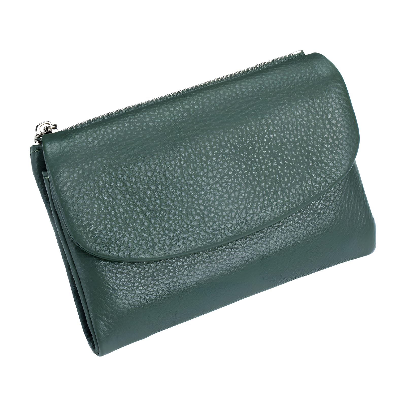 YRounee Genuine Leather Wallet for Women, Slim RFID Clutch with Coin Pocket, Soft Pebble Short Card Holder ID Case 5.3in (Green)