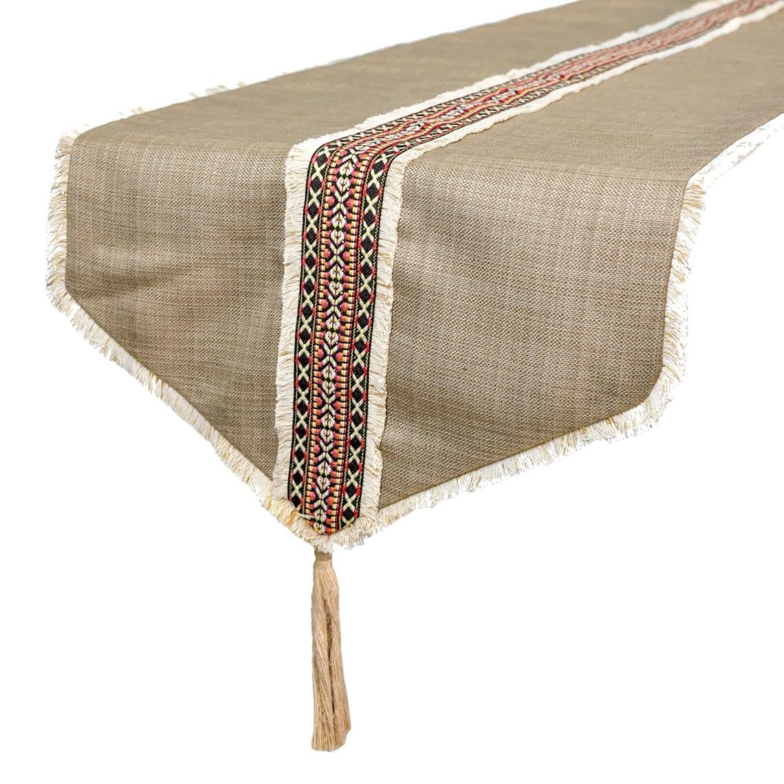 The HomeCentric Decorative Beige Table Runner 8 - 10 Seater Table Runner (35 x 300 cm) Tribal, Moroccan, Lace & Tassel Linen & Jute Table Linen, Tribal Contemporary Wedding Décor - Buchra
