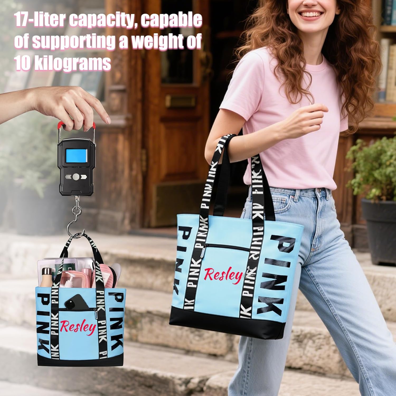 Zloris Personalized Pink Tote Bag Waterproof Travel Tote Bags for Women Large Beach Bag with Embroidered Name 17.3 * 4.3 * 13.8 IN - Image 5