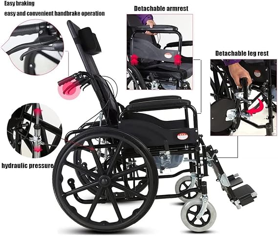Full Reclining Wheelchair, High Back Reclining Commode Wheelchairs, Folding Outdoor Comfortable Mobile Wheelchair Displacement Machine for Adult