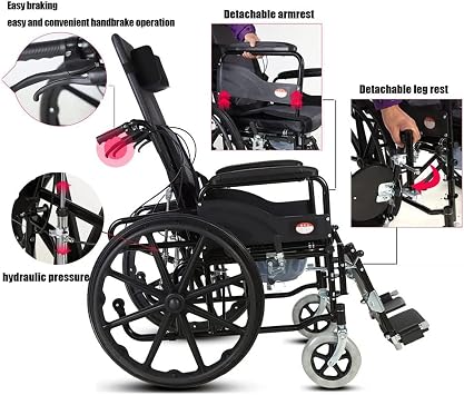 Full Reclining Wheelchair, High Back Reclining Commode Wheelchairs, Folding Outdoor Comfortable Mobile Wheelchair Displacement Machine for Adult