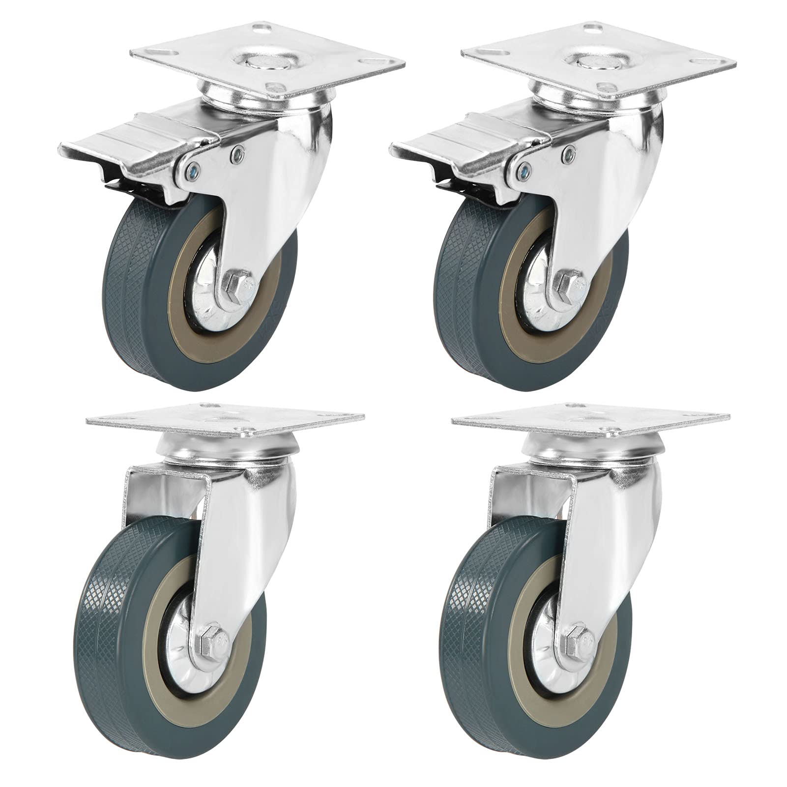 Trintion 4Pcs Rubber Swivel Castor Heavy Duty 75mm Rubber Swivel Castor Wheels Trolley Caster Brake for Workbench （2 with Brake 2 Without Brake）