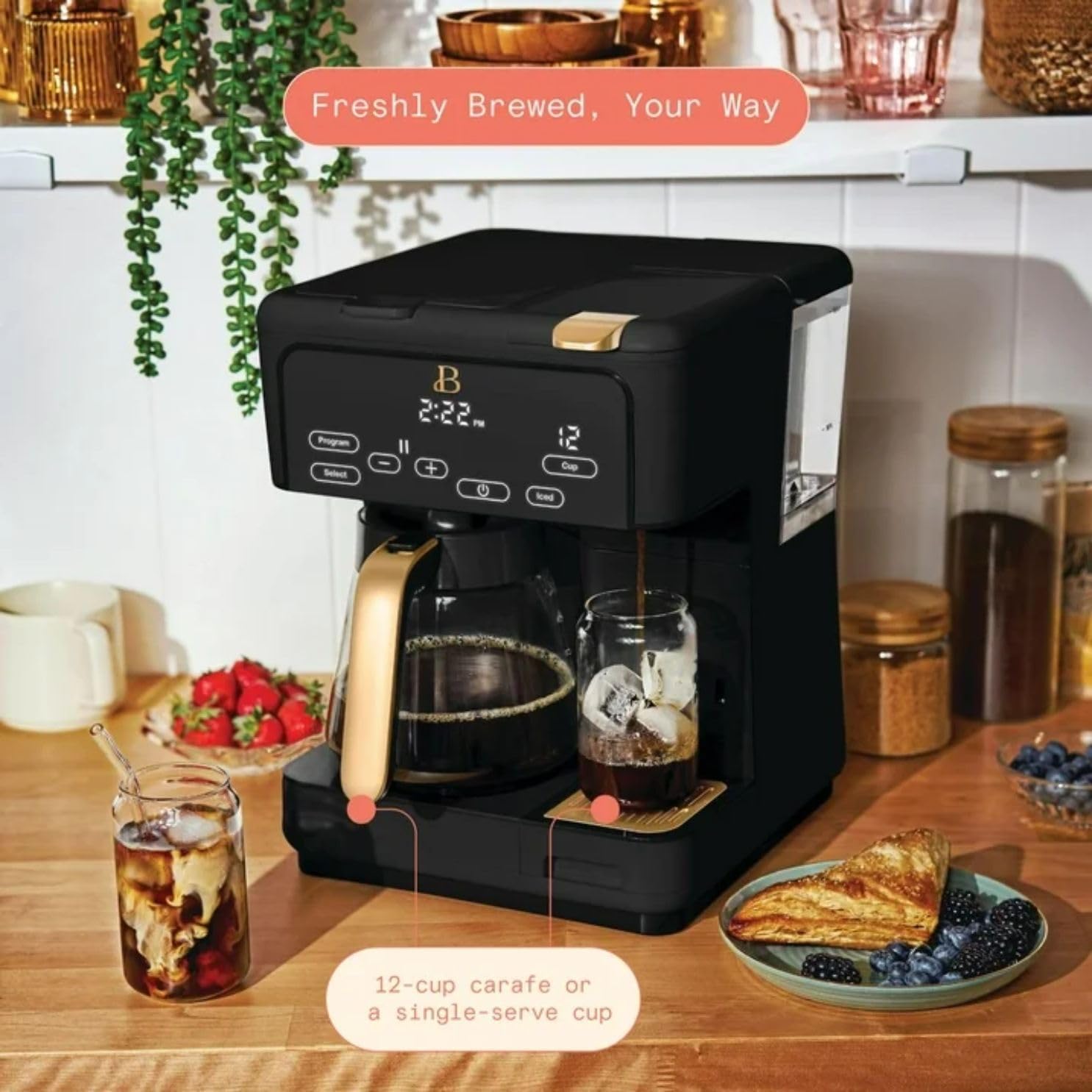 Multi-Brew Coffee Maker, 12-Cup Carafe + Single-Serve, Pods or Grounds, Over Ice, Touch Display by Drew Barrymoree. (Black Sesame)