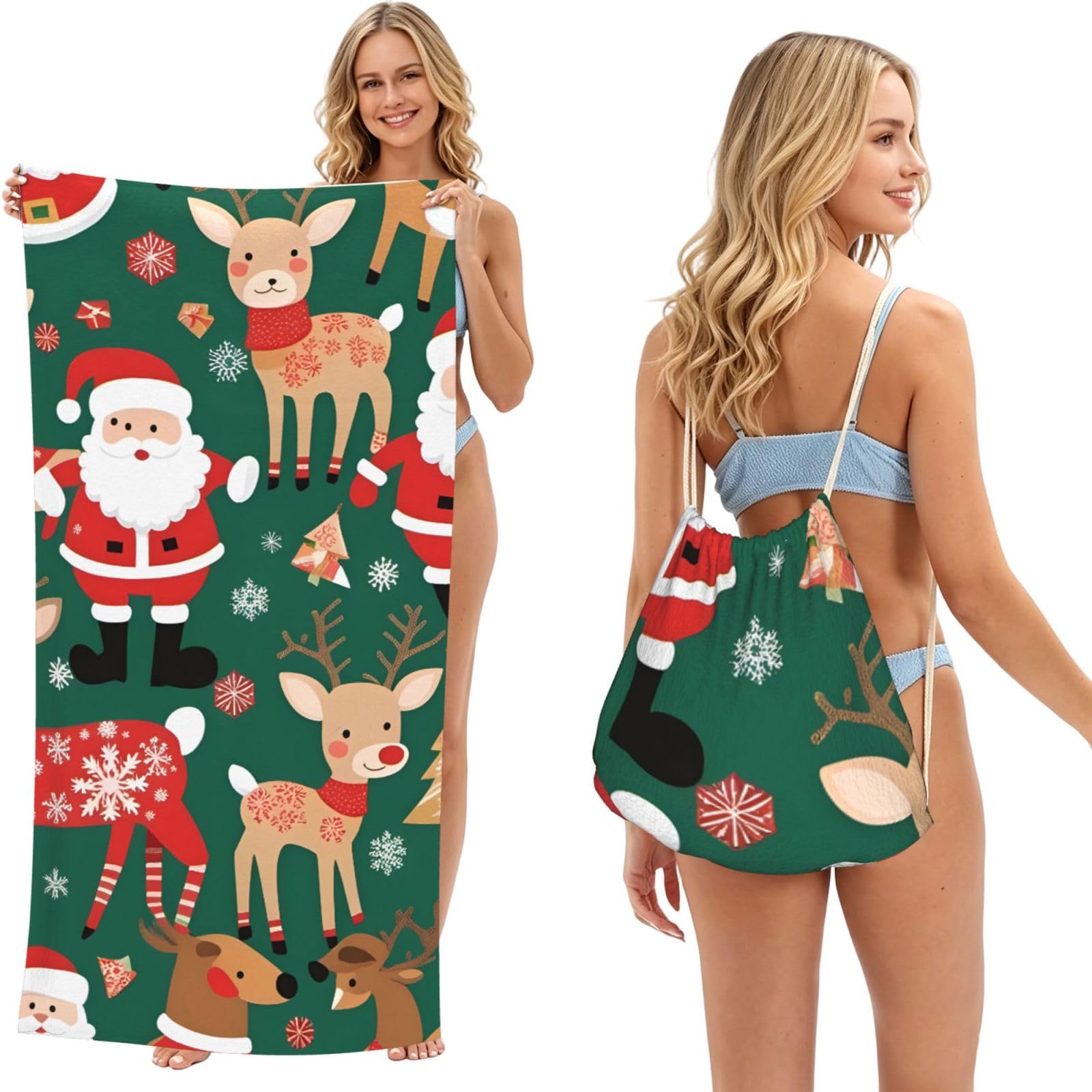 SXZVVBN Santa Claus and Christmas deer 2-in-1 Beach Towel Bag, Quick Dry Sand Free Travel Towel Backpack for Adults