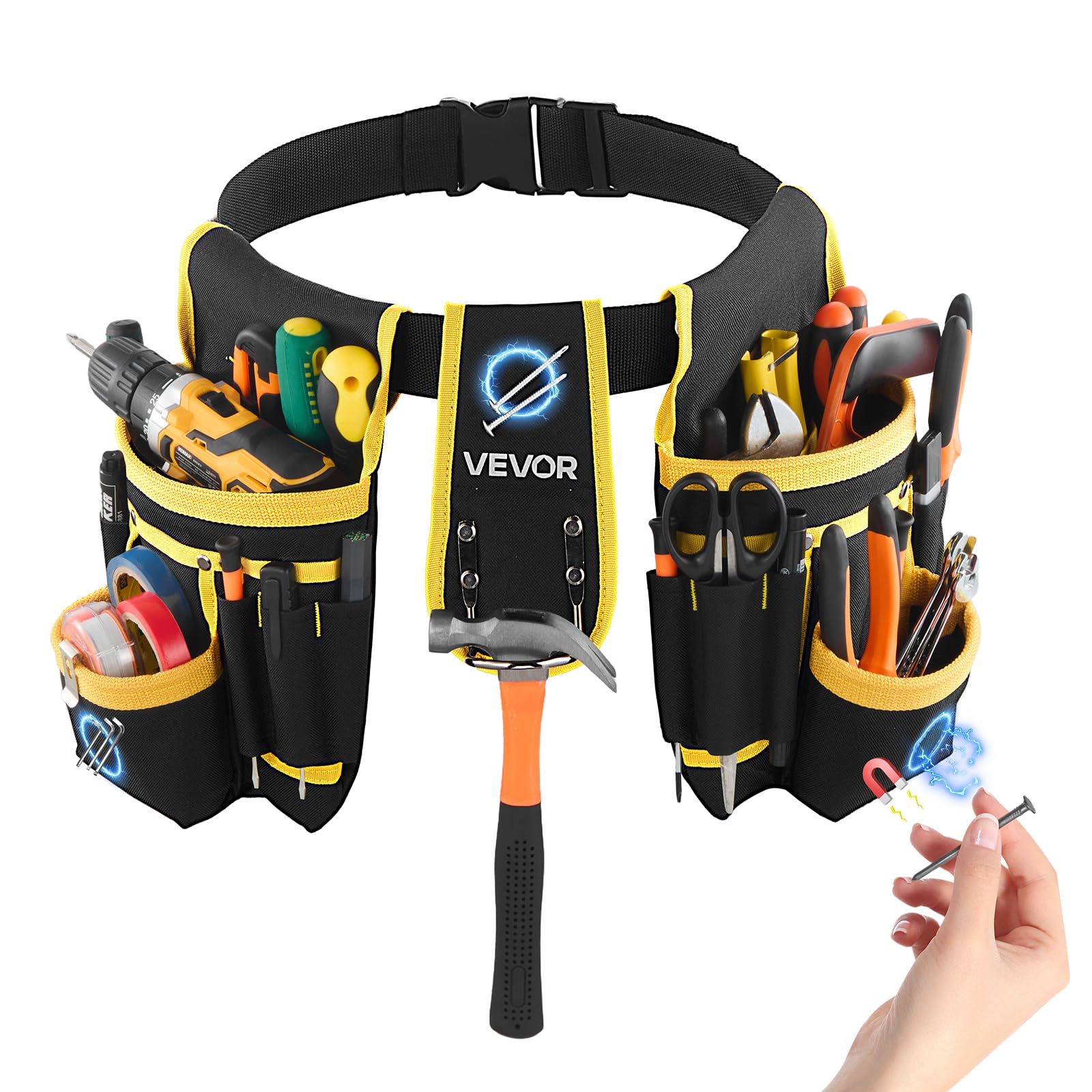 VEVOR Tool Belt, Magnetic Tool Pouch for Men, 28 Pockets Heavy Duty Adjustable Utility Belt Detachable Work Bag for Electrician, Carpenter,