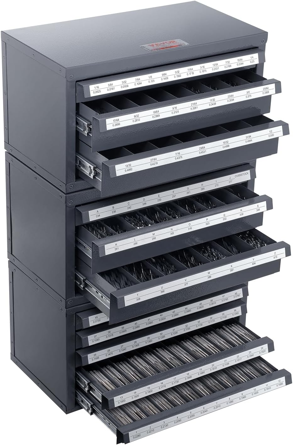 VEVOR Drill Bit Dispenser Cabinet Set, Three-Drawer for 1/16" to 1/2" & Letter Sizes A to Z, Five-Drawer Drill Bit Organizer for Wire Gauge Sizes #1 to #60, 3 Pieces