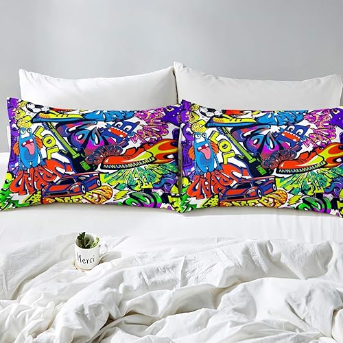 Miniatura 3 de feelyou Juego de funda de edredón de graffiti para niños, juego de ropa de cama de estilo hippie rojo para automóvil deportivo, funda de edredón de