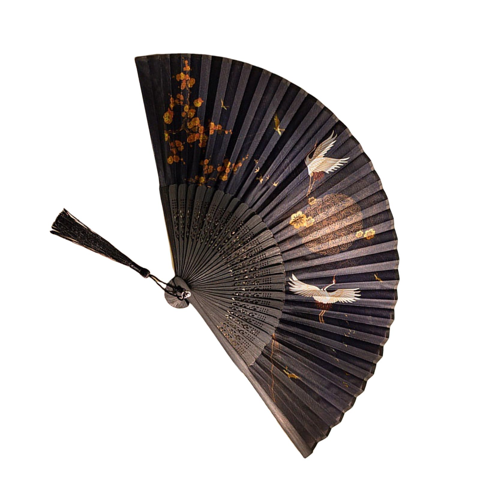 Uqezagpa Wood Folding Fan with Tassels Chinese Ancient Styles Cheongsams Handheld Fan with Vintage Cranes Pattern Decoration Ancient Wood