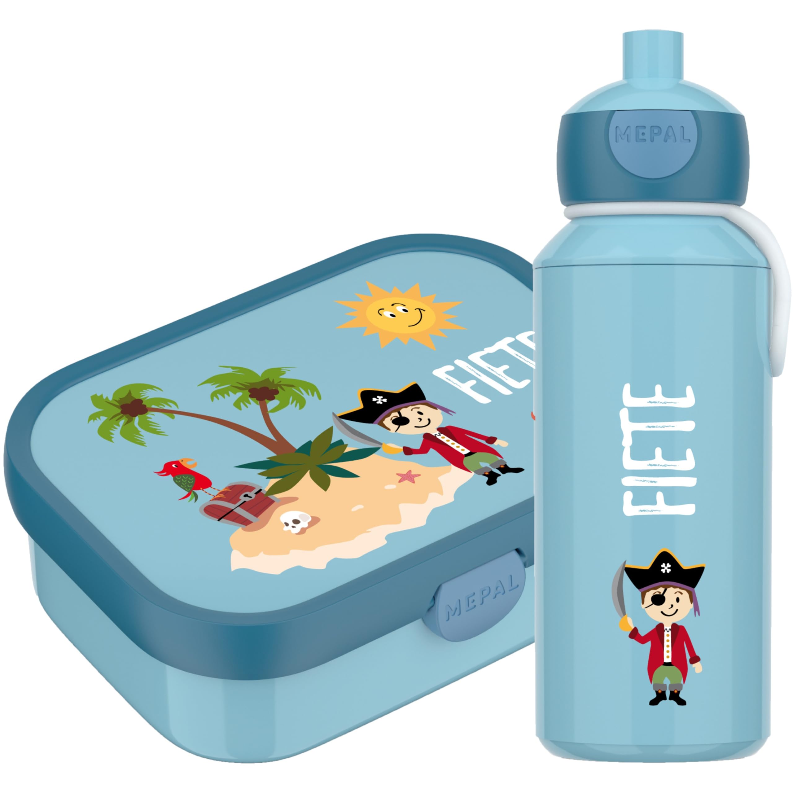 4youDesign Mepal Bento Box & Trinkflasche Set personalisiert Pirateninsel – Geschenk für Kinder Weihnachten, Nikolaus, Geburtstag - Auslaufsicher – Brotdose 750ml, 400ml Flasche (Cool Blue)