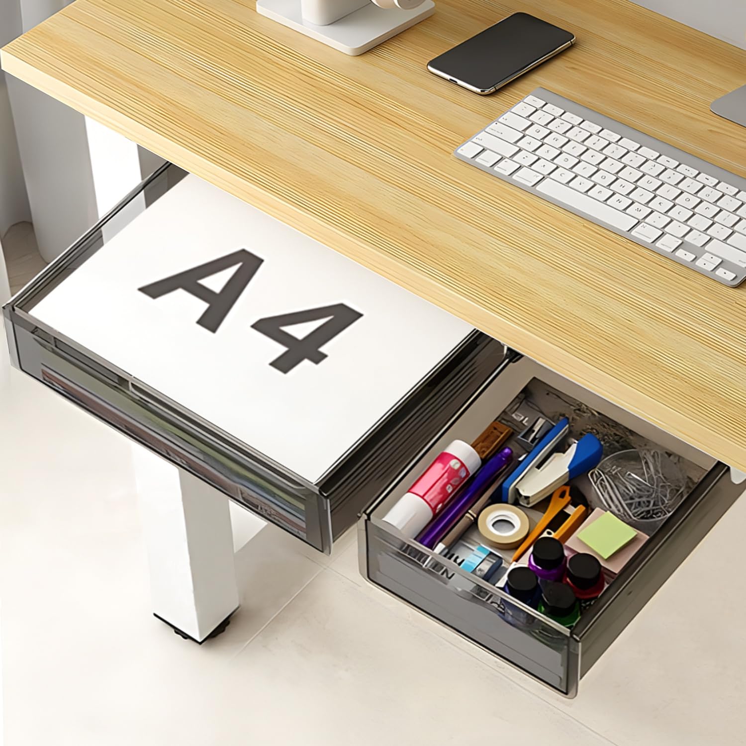 SVNNELP Under Desk Table Drawer Storage Organizer,2 Pack Large & Small Attachment Desk Drawers - Hidden Desktop Organizer,Slide out Drawer for Storage