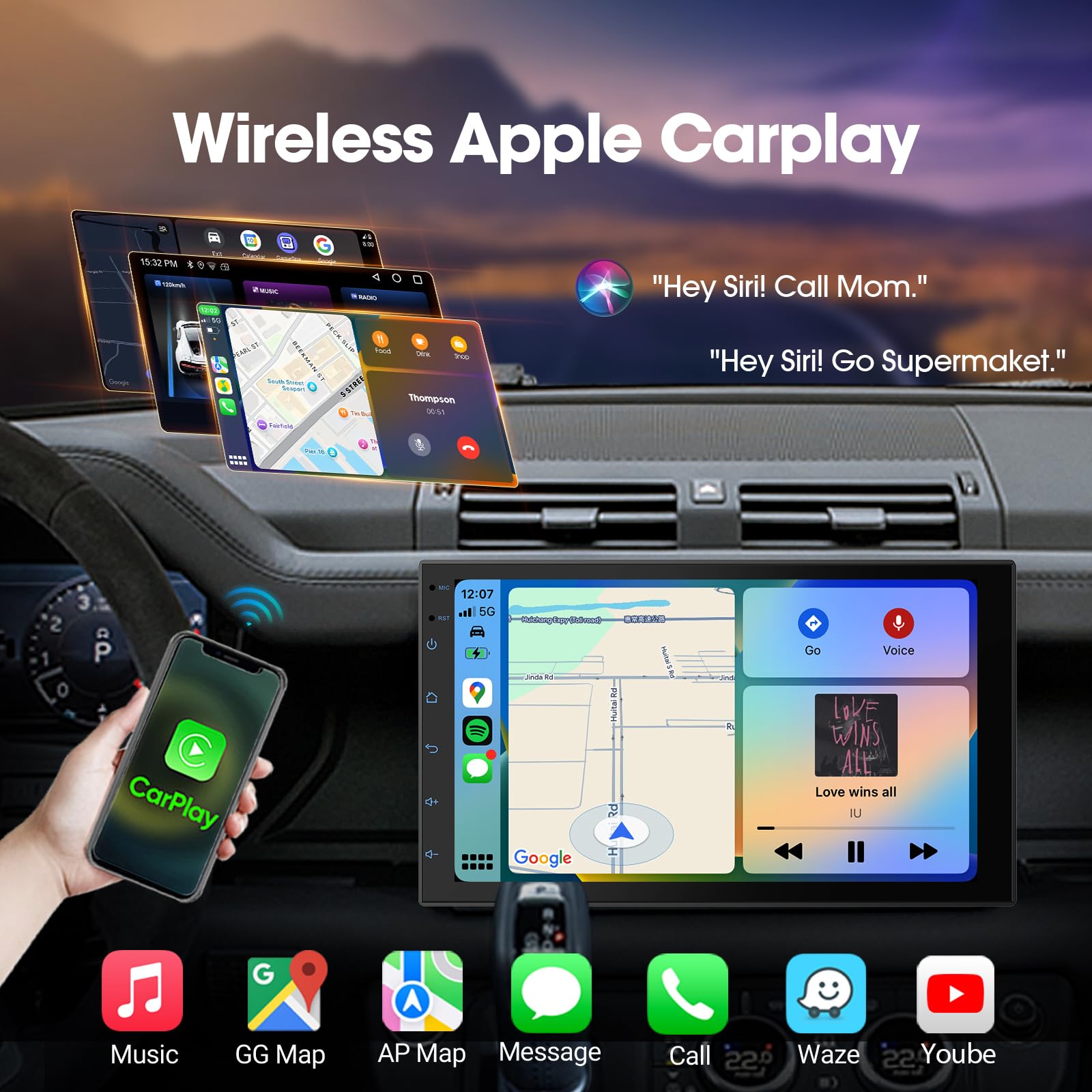 7" Double Din Car Stereo with Wireless CarPlay & Android Auto, Touchscreen Car Radio with Bluetooth 4.1, HD Backup Camera, Mirror Link, GPS Navigation, WiFi, Voice Control, 2+32GB, FM/AM