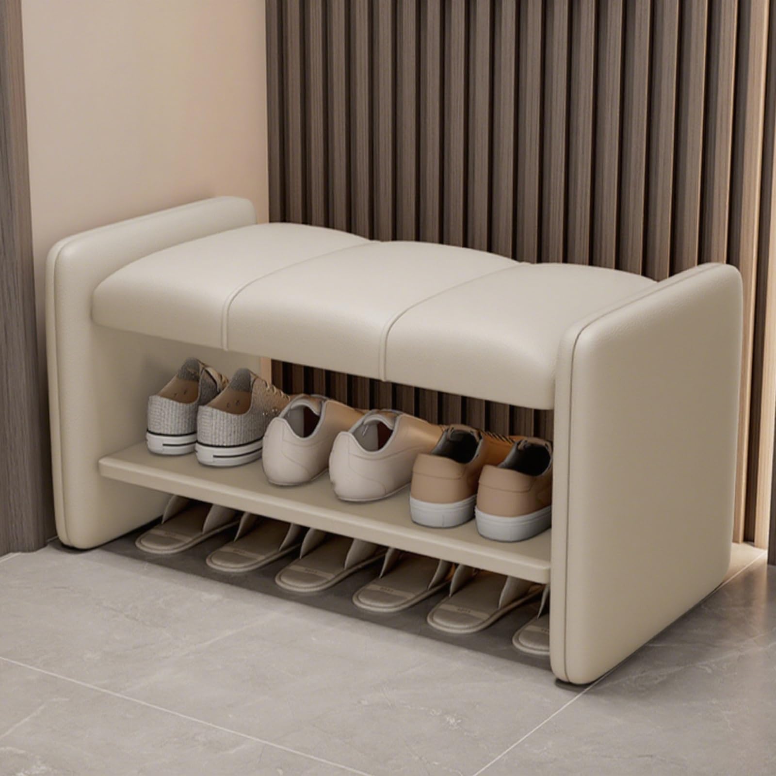 MSHGSKU 2 Tier Shoe Storage Bench with Soft Leather Cushion Entryway for Hallway Living Room Bedroom Beige 80cm