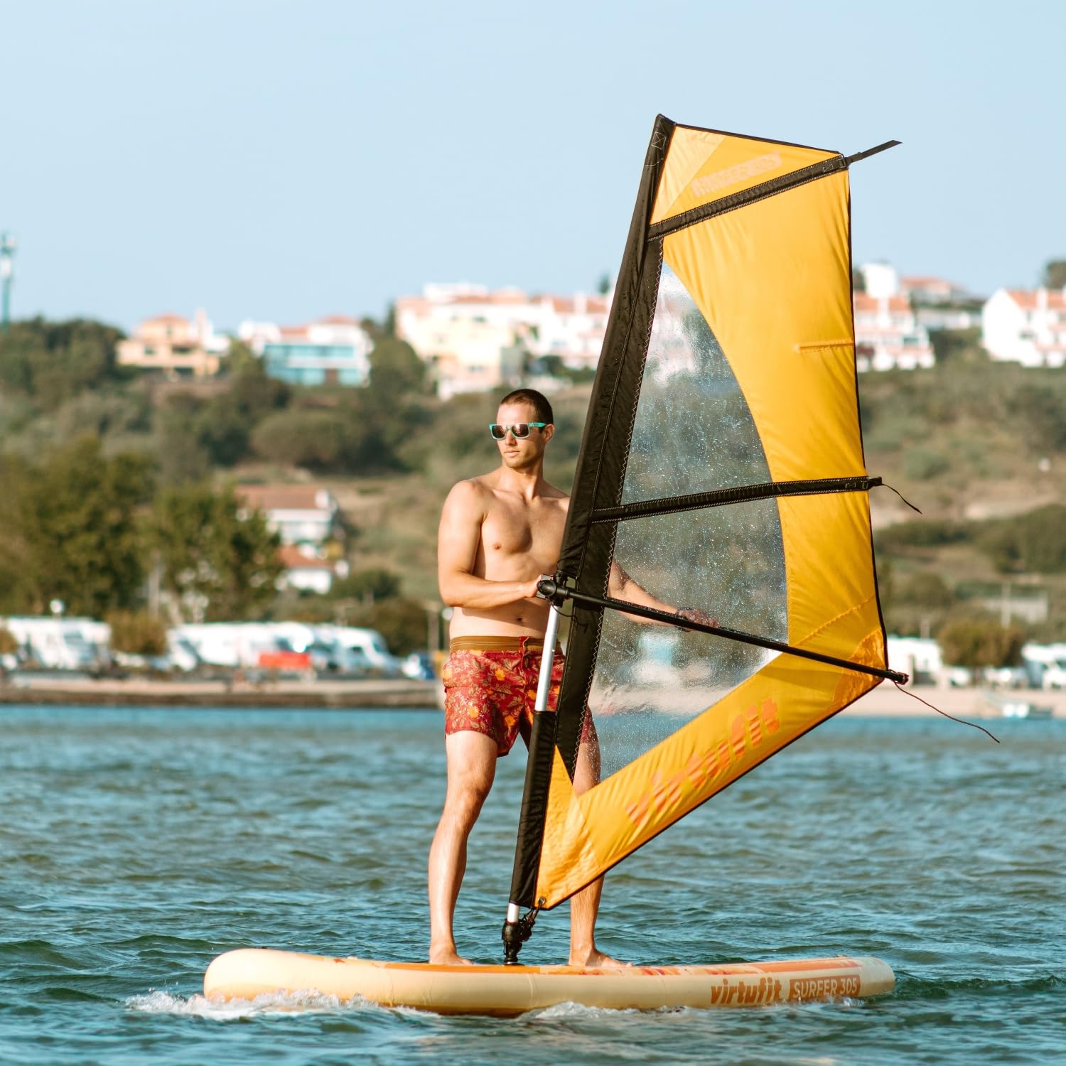 VirtuFit SUP Board Surfer 305, tavola gonfiabile con vela per windsurf, stand up paddle, nero, con accessori, pagaia, pompa, borsa per il trasporto, supporto per GoPro, per principianti ed esperti
