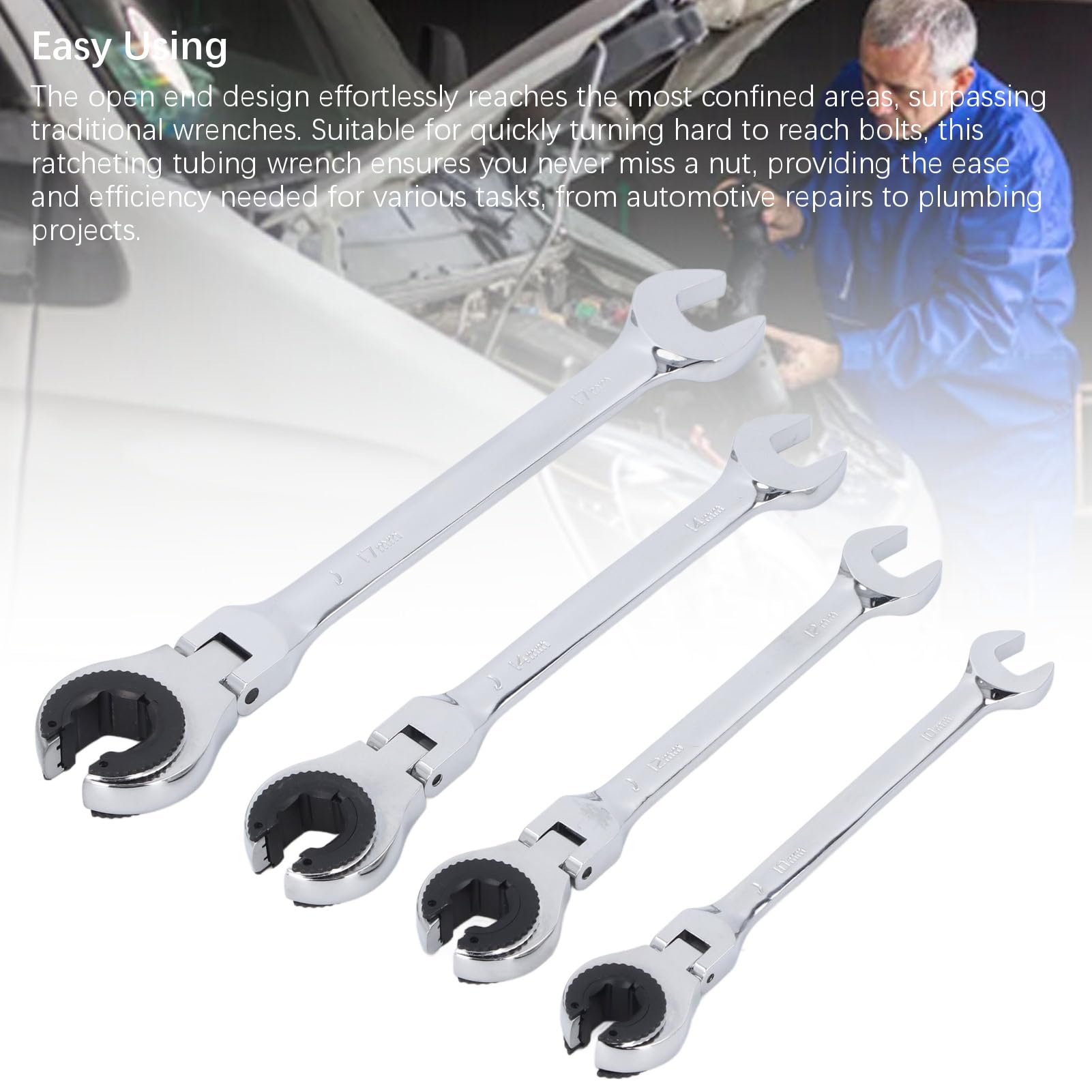 Juego de llaves para líneas de freno, llaves para tubos con trinquete y ángulo ajustable de 72 dientes, llaves para tuercas de expansión de 10 mm, 12 mm, 14 mm y 17 mm para líneas