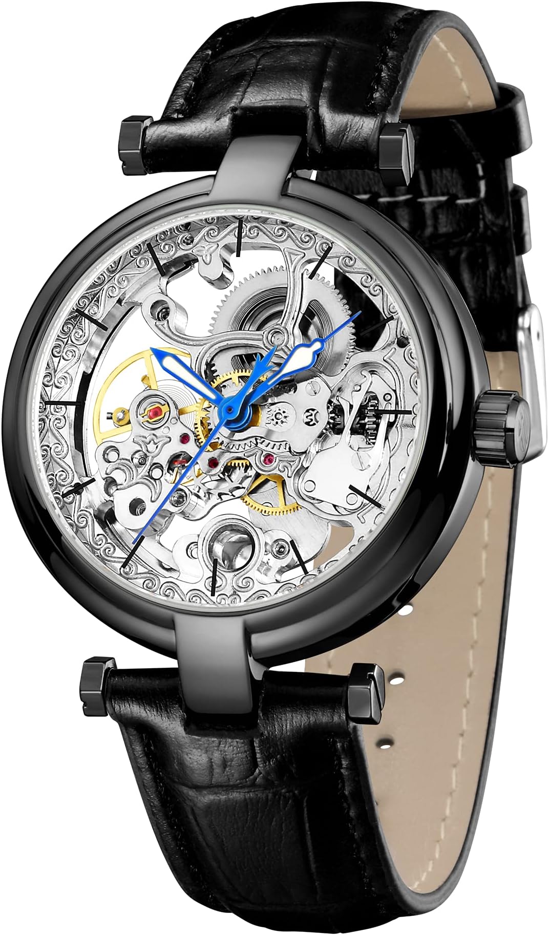 Skeleton Automatic Steampunk Watches Gold-Tone Luminous Hands Leather Strap Wrist-Watch