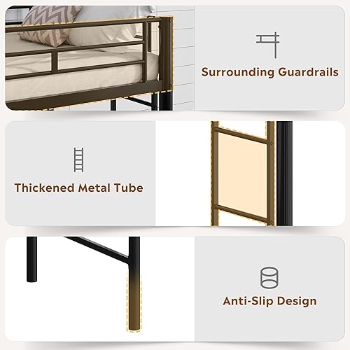 Miniatura 4 de WLIVE Cama alta individual, cama alta de metal resistente, tamaño individual con protector de seguridad y escalera, sin ruido, no necesita somier,