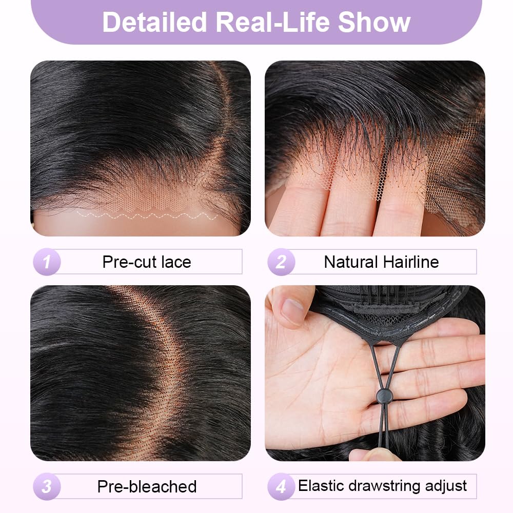 MENGLLE Body Wave Bob Wig Human Hair 7X6 Lace Front Wigs Pre Plucked Glueless Wear and Go Short Bob Wig Human Hair Pre Cut Natural Hairline Wigs for Black Women 14 Inch Natrual Black