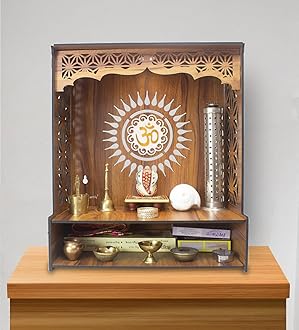 Heartily Shree Beautiful Wooden Pooja Stand for Home Mandir for Home Temple for Home and Office Puja Mandir for Home and Office Wall with LED Spot Light Product (H 18, L 16, W8.75 Inch)
