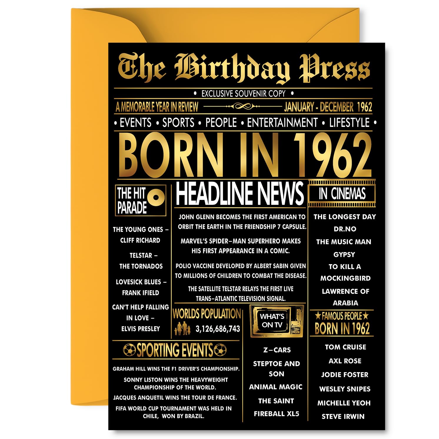 Gold 64th Birthday Card for Men Women - Black & Golden Newspaper Born in 1962 - Happy 64 Birthday Cards for Uncle Grandad Neighbour Friend Nanny Brother, 5x7 Inch Bday Greeting Cards