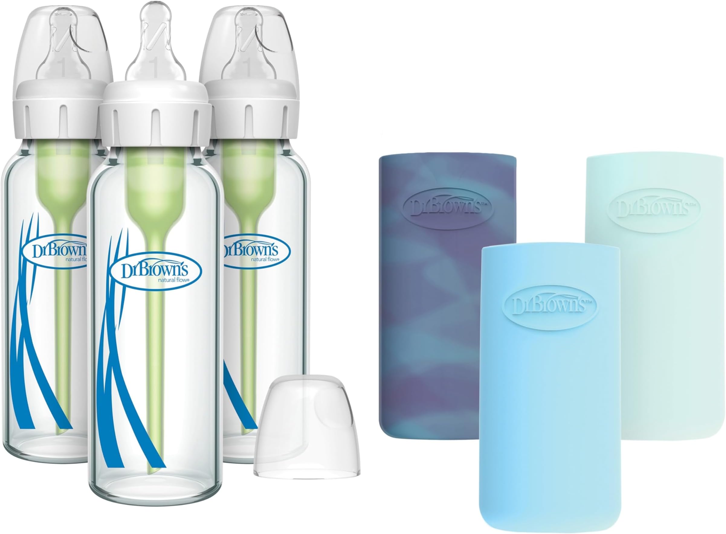 Anti-Colic Options+ Narrow Glass Baby Bottles with Silicone Sleeves, Blue, Glow, Mint, BPA-Free, 8 oz/250 mL, 0m+, 3-Pack
