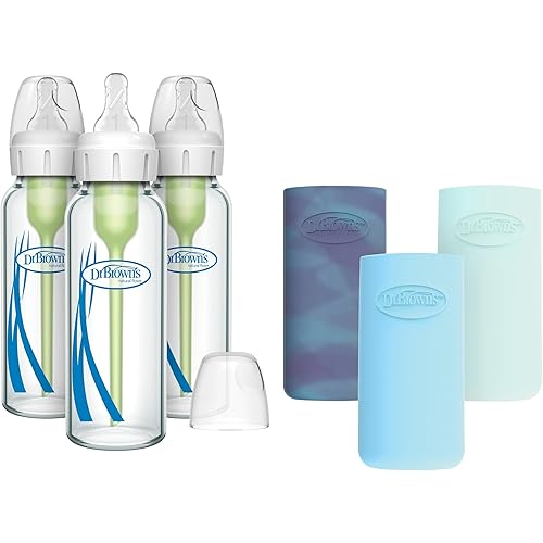 Dr. Brown's Anti-Colic Options+ Narrow Glass Baby Bottles with Silicone Sleeves, Blue, Glow, Mint, BPA-Free, 8 oz/250 mL, 0m+, 3-Pack