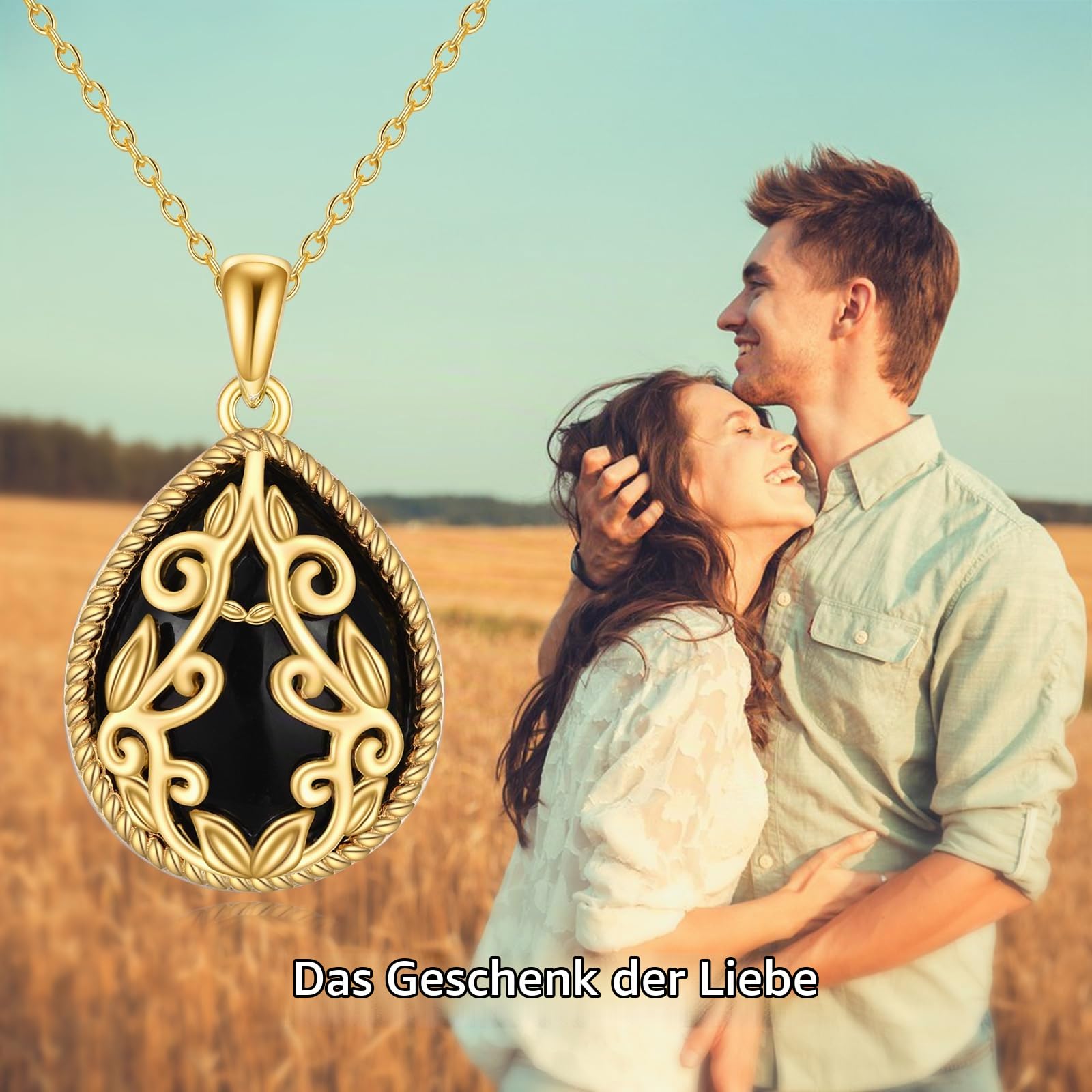 YAFEINI Schwarze Onyx Kette Sterling Silber Tropfen Anhänger Halskette 18 Karat Gelbgold Vergoldet Filigrane Boho Kette Halskette Schmuck Geschenke für Damen