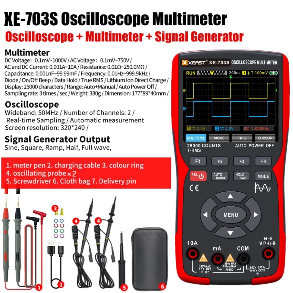 Oscilloscopio 2 Canali 50 MHz, Multimetro Digitale 25000 Conteggi, Generatore di Segnale DDS 3 in 1, Display LCD 3,5" 280 MSa/s – Oscilloscopio Portatile per Test e Misurazioni