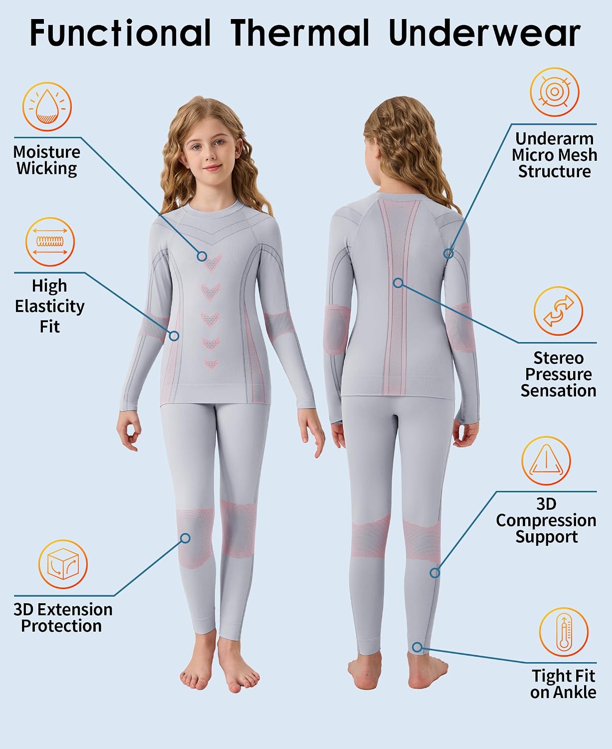 beautyin Thermal Underwear for Kids Athletic Thermals Top and Bottom Set Boys Girls Long Johns Set Winter Base Layer