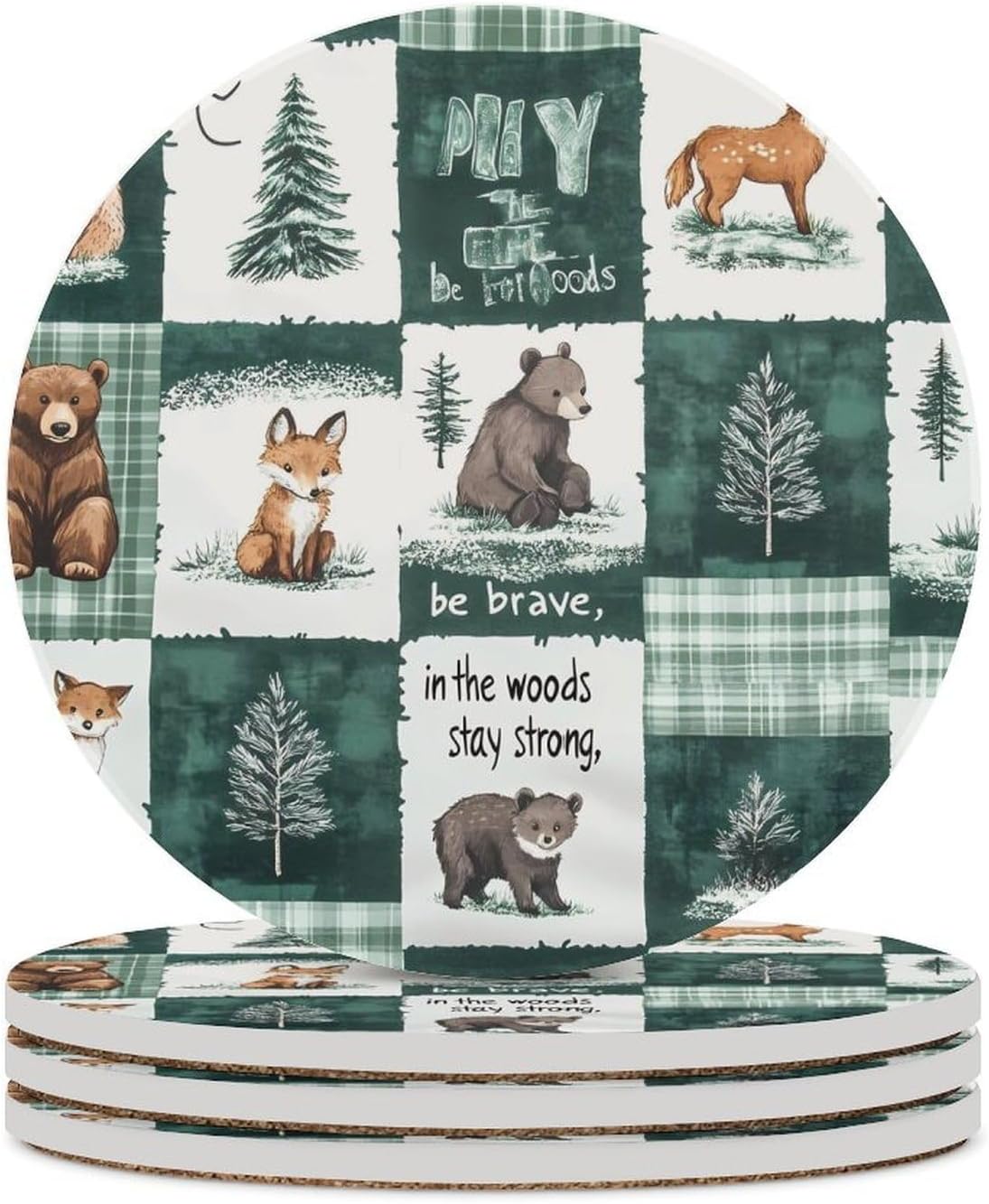 Animal and Forests Patchwork Round Ceramic Coasters Print Drinks Absorbent with Cork Base for Home Decor Gifts 4 Inch