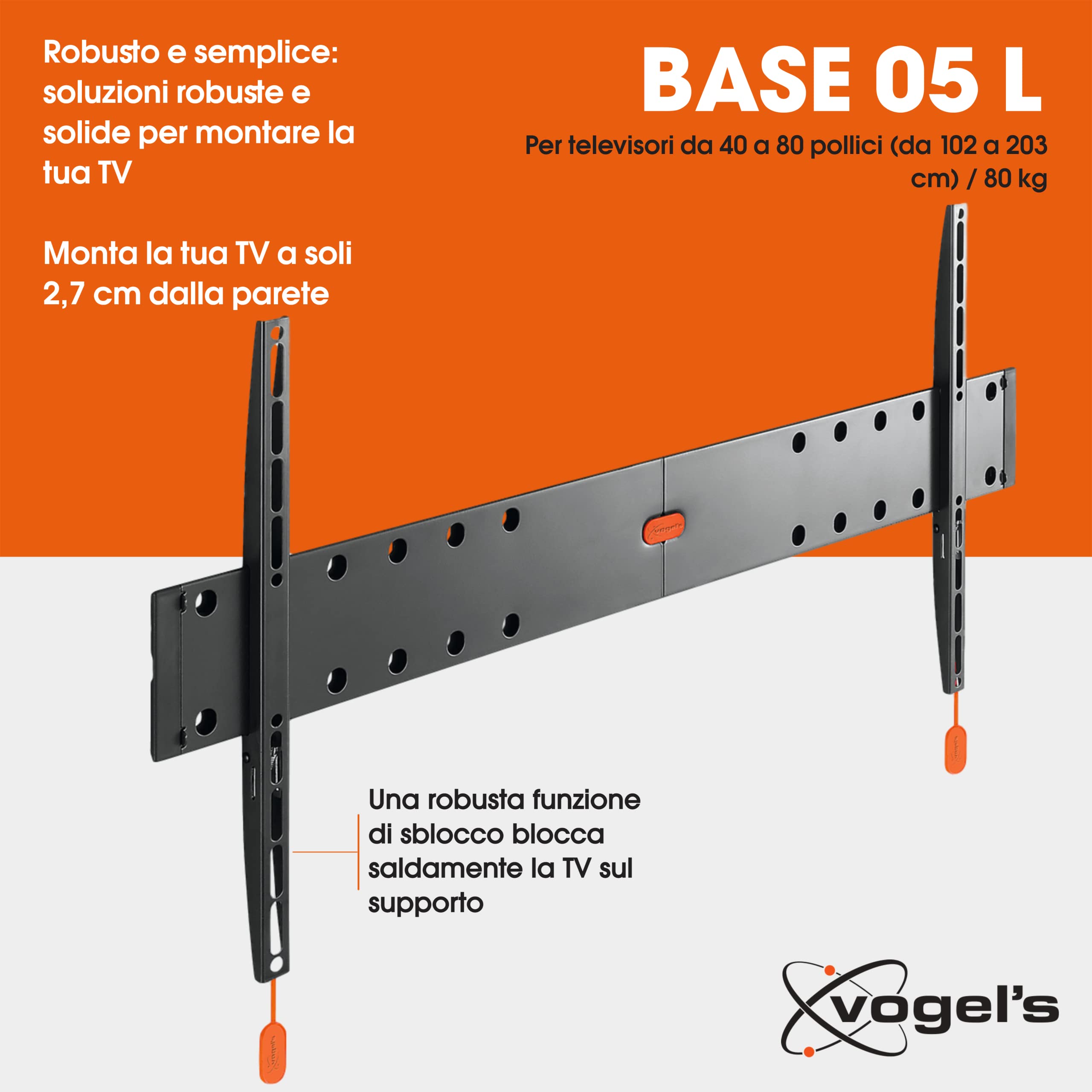 Vogel's BASE 05 L, Ultra forte supporto da Parete per TV molto grande (102-203 cm, 40-80 Pollici) e maggior peso (max. 70 kg), Fisso, Fino a VESA 800x400 mm, nero