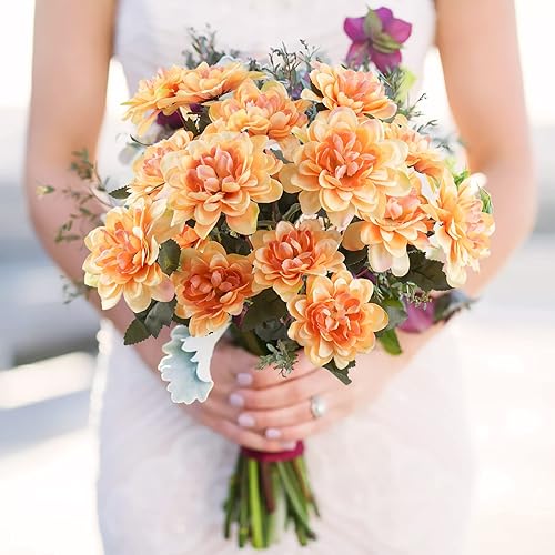 Miniatura 10 de Uieke 6 piezas de margaritas artificiales con tallo, arreglo de flores de seda de color naranja quemado para el hogar, fiesta, otoño, boda,