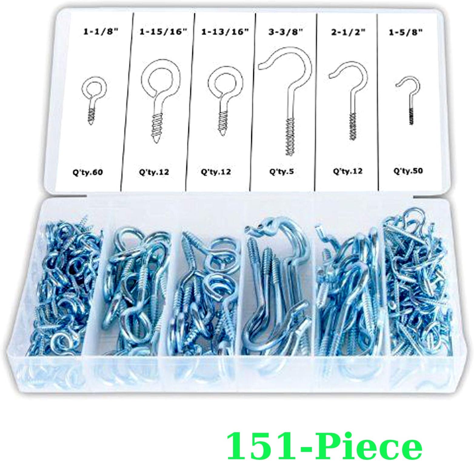 Eye Bolt and Eye Hook Assortment - Screw Hooks and Screw Eyes Kit - Eye Bolts Assortment - 151 Pc Eye and Hook Assortment - Eye Screws Assorted Screw Hooks Eye Hooks Screw in Heavy Duty