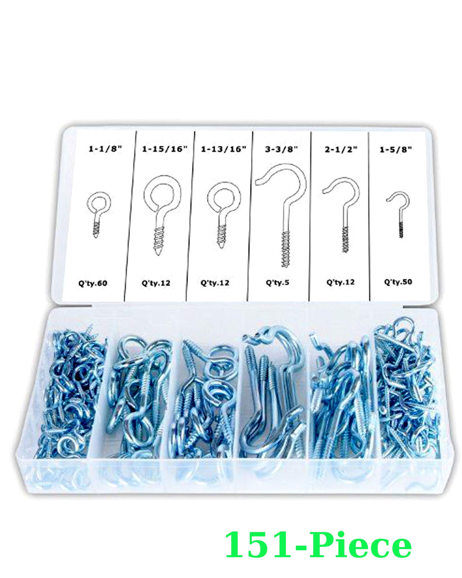Eye Bolt and Eye Hook Assortment - Screw Hooks and Screw Eyes Kit - Eye Bolts Assortment - 151 Pc Eye and Hook Assortment - Eye Screws Assorted Screw Hooks Eye Hooks Screw in Heavy Duty