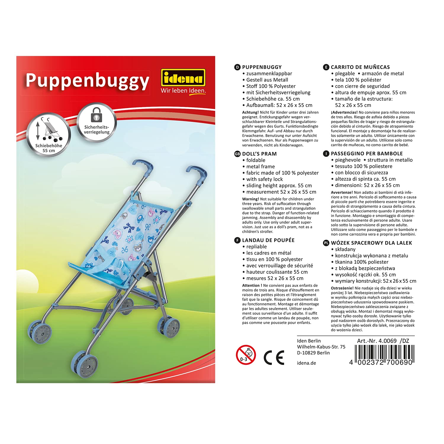 Idena 40069 - Bambola Buggy Orso Pieghevole Motivo, Blu