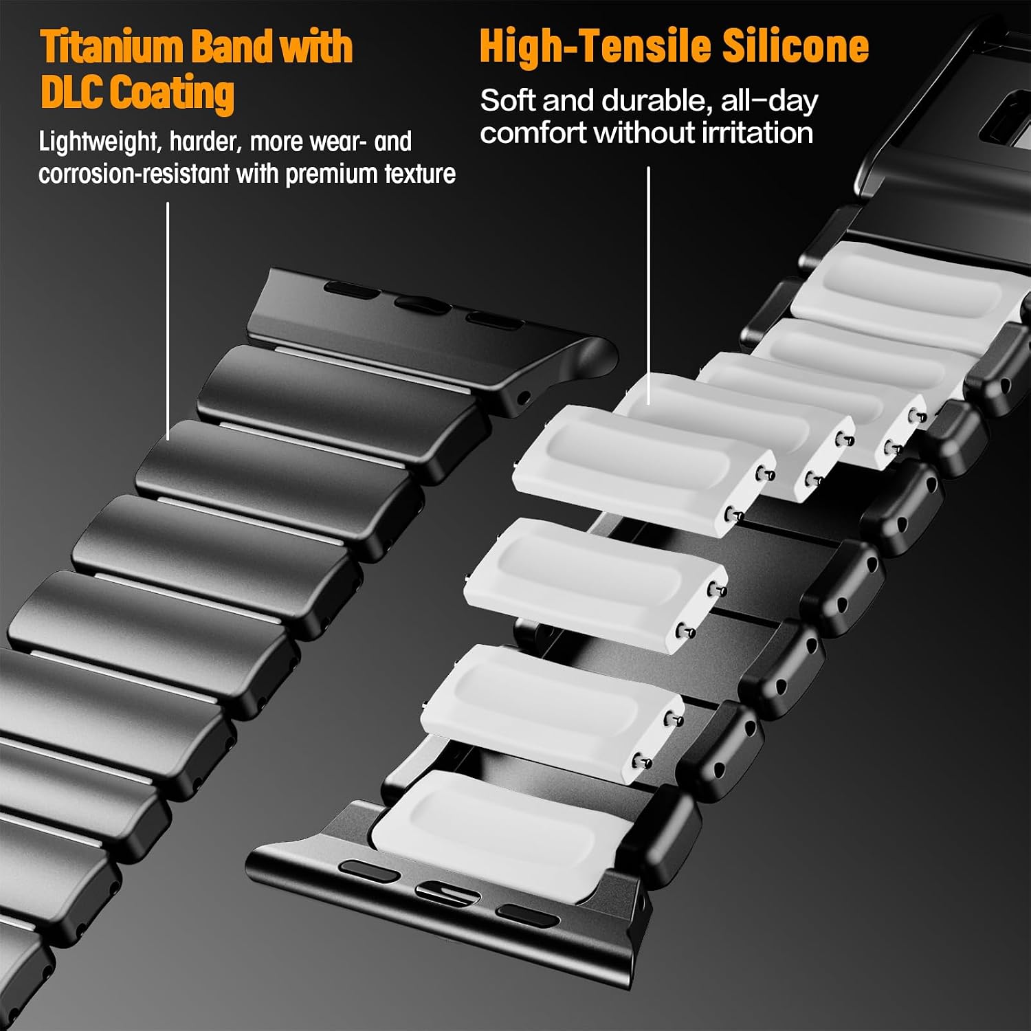 Magnetic Titanium Band Silicone Inner Lining for Apple Watch Ultra 3/2/1 49mm & iWatch Series 11/10/9/8/7/6/5/4 46mm 45mm 44mm, 24mm Wide Lightweight Dual-Layer Titanium Link Strap for Men