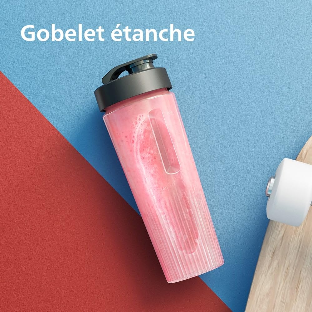 Philips Blend & Go Série 3000 Mini Blender Smoothie – 350W, Gobelet 0,6L, Lames Détachables 4 Branches, 2 Vitesses, Compatibles Lave-vaisselle, Technologie ProBlend, Compact, Argent (HR2671/00)