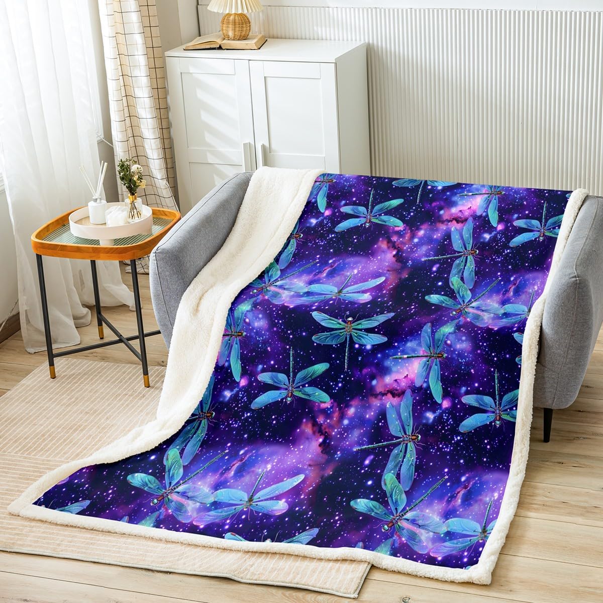 Feelyou Dragonfly Fuzzy Blanket s Animal Pattern Plush Blanket for Sofa Couch Bed Pueple Blue Galaxy Fleece Throw Blanket Ornamental Dragonfly Printed Room Decor King 87"x95"