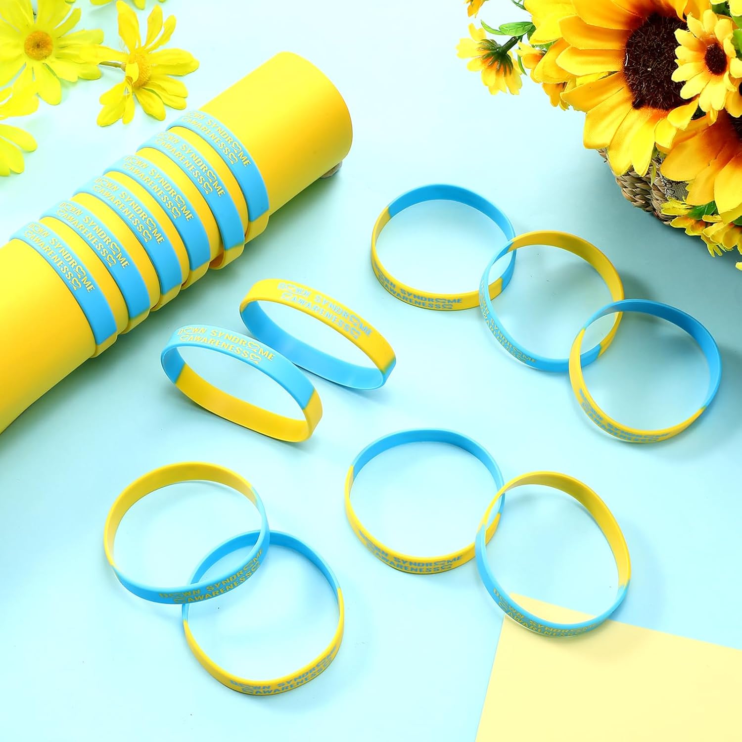 Simgoing 300 Pcs Down Syndrome Awareness Silicone Bracelet Wristband Stretch Blue Yellow Down Syndrome Bracelet for Men Women Teen Unisex School Charity Campaigns Events Gifts Supplies