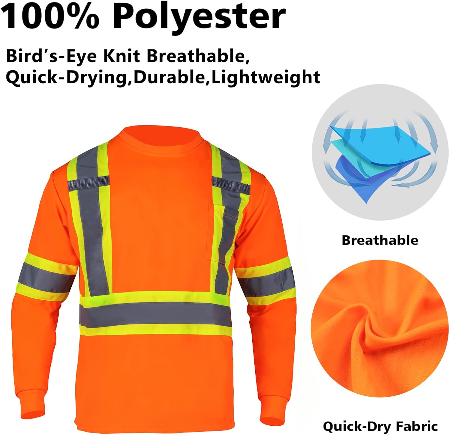 VENDACE Men's High Vis Safety Work T Shirt ANSI Class 3 Reflective Long Sleeve Shirt with Pocket(Orange,L) - Image 4